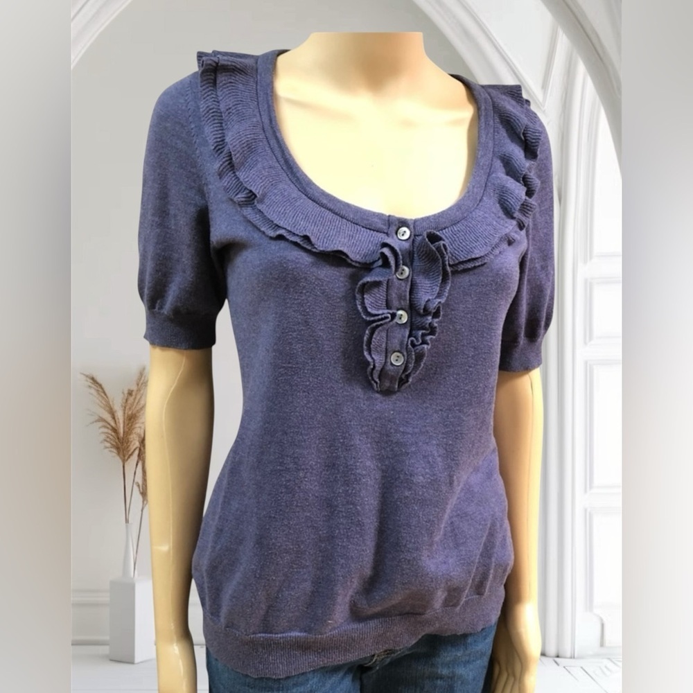Banana Republic Y2k Inspired Purple Blue Pima Cotton And Wool Ruffle Blouse Sz S
